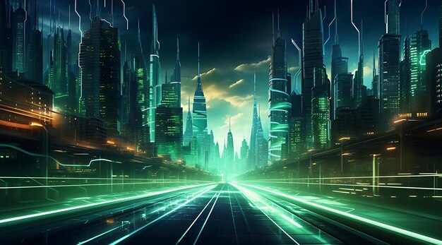 a futuristic city with a neon illuminated street generative ai