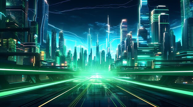 Foto una città futuristica con una strada illuminata al neon generativa ai