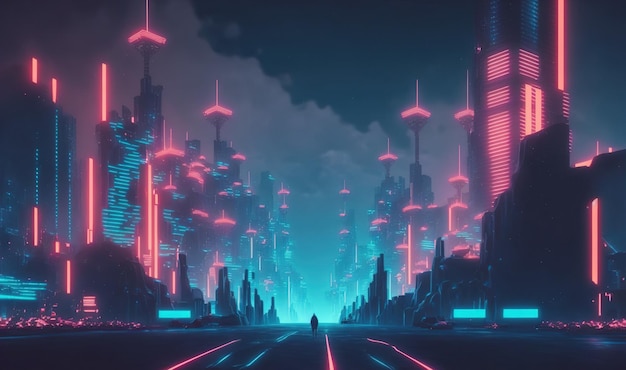 Futuristic city with neon light illuminated the fictional city street