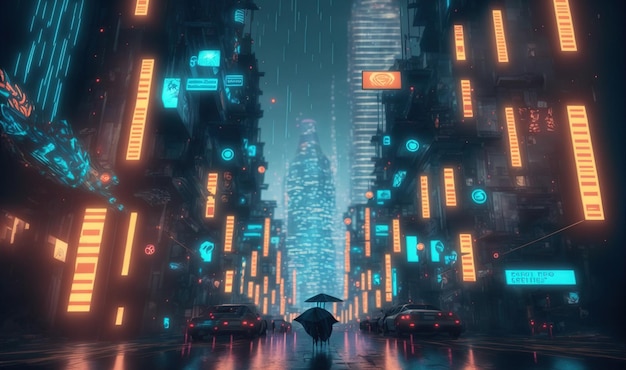 Futuristic city with neon light illuminated the fictional city street