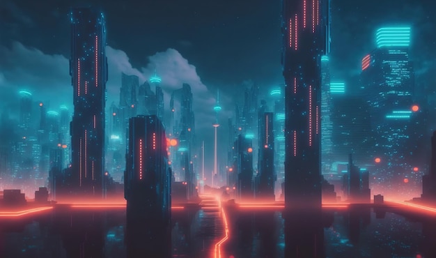 Futuristic city with neon light illuminated the fictional city street
