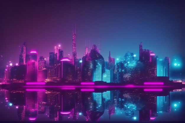 Futuristic city with neon light pink and blue illuminated skyline