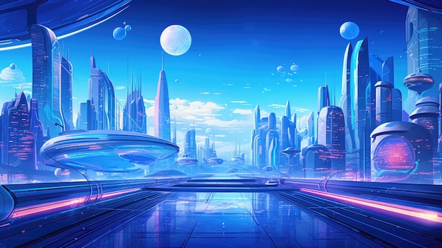 Futuristic city with neon lights on blue background