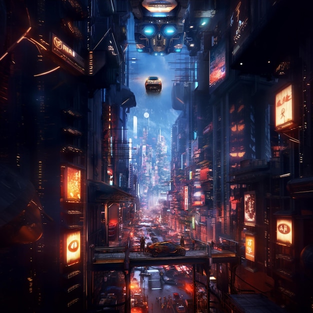 futuristic city with neon lights and a car in the middle generative ai