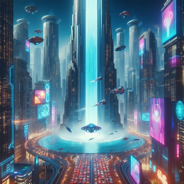 Futuristic city with neon lights and cars 3d rendering water fall