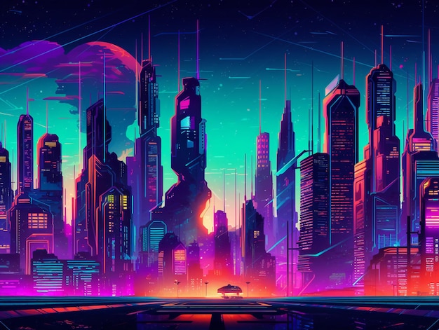 A futuristic city with neon lights and a futuristic car in the foreground