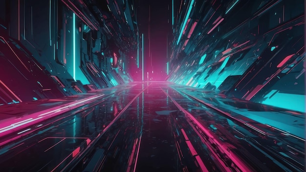 Futuristic city with neon lights and reflections