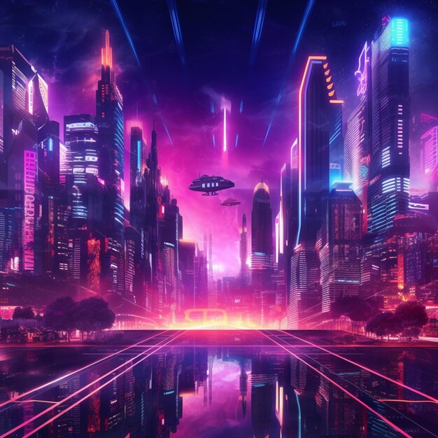 Futuristic city with neon lights and a spaceship flying over it generative ai