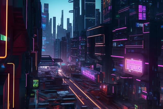 futuristic city with neon lights and traffic in the middle of the night generative ai