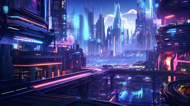 Photo futuristic city with neon lights and a train passing by generative ai