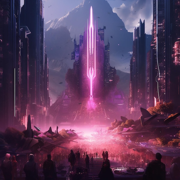 Futuristic city with a pink light in the middle of it generative ai