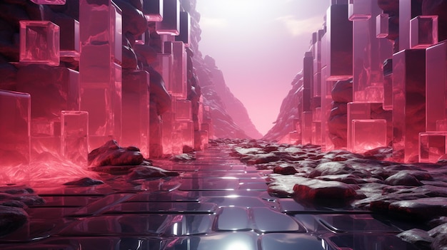 futuristic city with a river running through it and a red sky generative ai