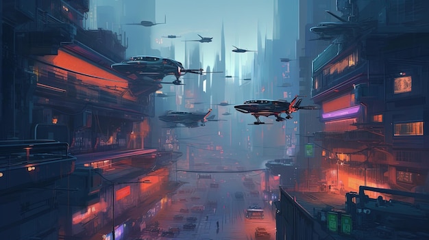 A futuristic city with robotic drones Fantasy concept Illustration painting Generative AI