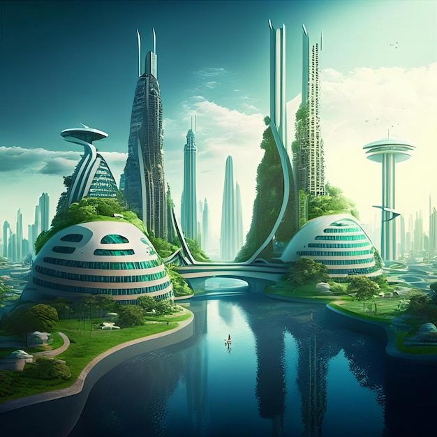 Футуристический город с небоскребами, зданиями и парками, созданными искусственным интеллектом