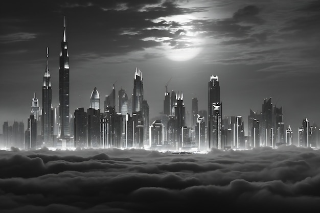 Futuristic city with skyscrapers and clouds in the sky