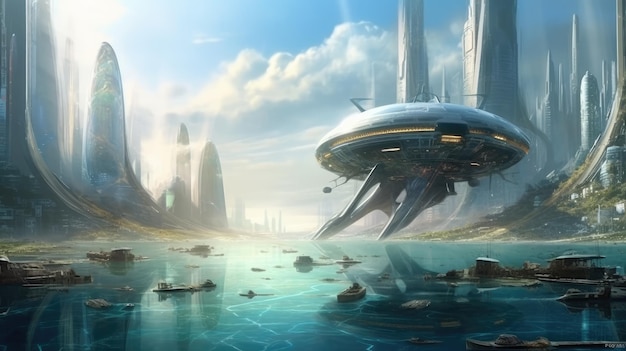 A futuristic city with a spaceship floating in the water.