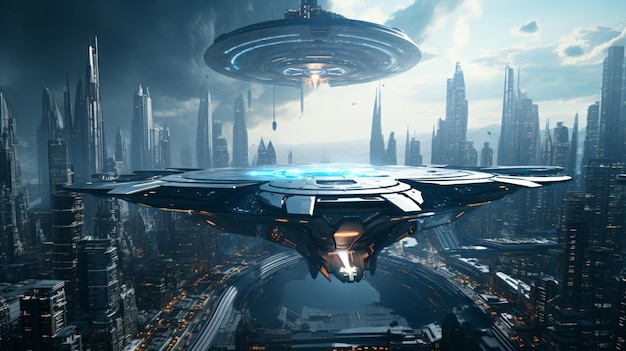 a futuristic city with a spaceship flying over it