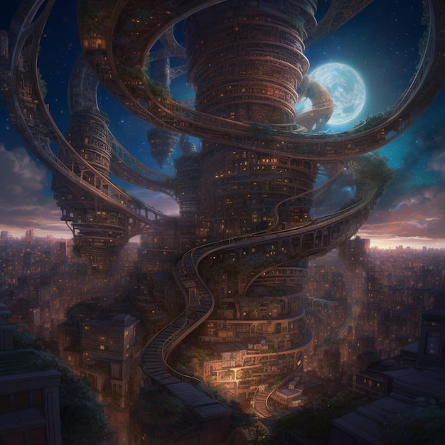 futuristic city with spiral staircases and a full moon in the sky generative ai