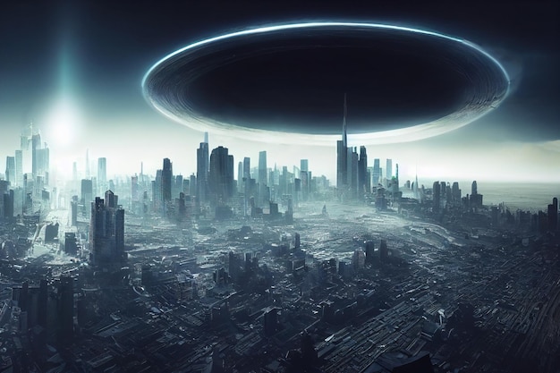 Futuristic city with tall buildings black hole in the sky