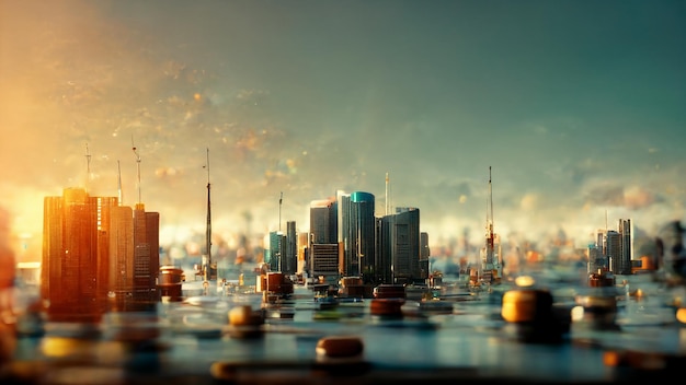 futuristic city with tower on reflex ground