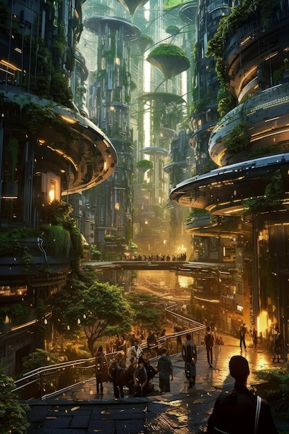 A futuristic city with trees and people at night