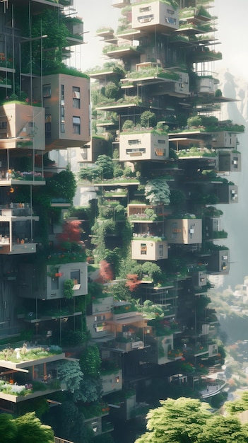 Foto città futuristica con vegetazione ai generata