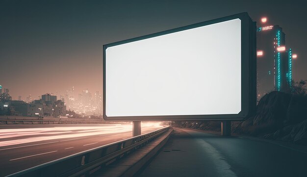 Футуристический город с белым пустым ночным видом на рекламный щит