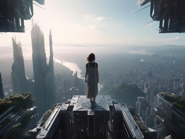 最高のビルの端にある都市を見ている未来的な都市の女性 scifi
