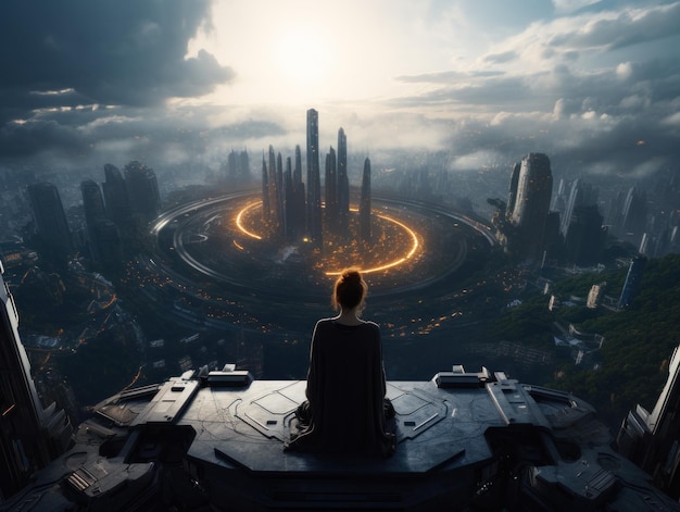 Futuristic city woman looking to the city on the edge of the highest building scifi