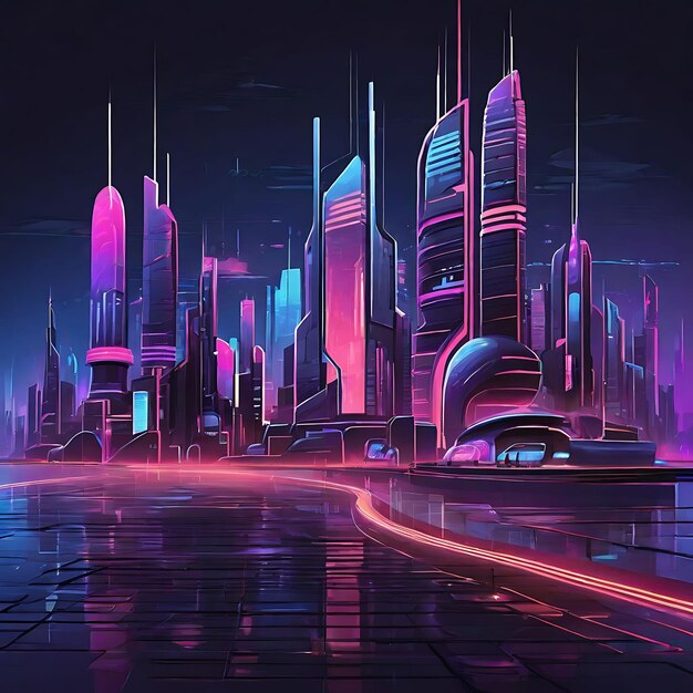 futuristic cityscape bathed in the glow of neon lights