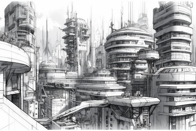 Photo futuristic cityscape in black and white created with generative ai technology