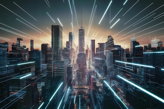 Futuristic cityscape defined by cyber digital lines and urban topography