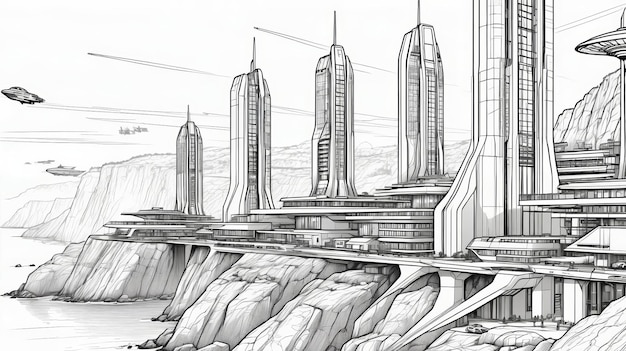 Futuristic Cityscape Drawing in Black and White