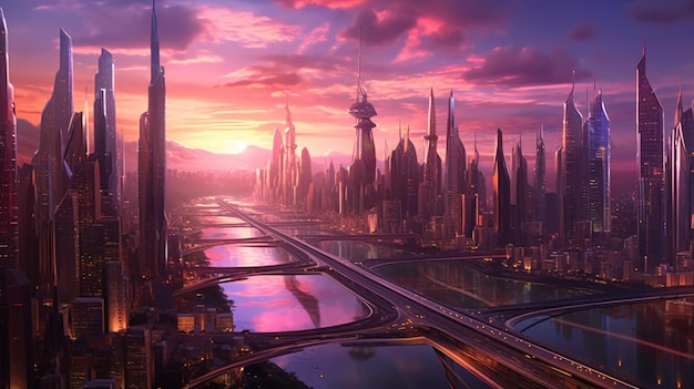 a futuristic cityscape at dusk showcasing sleek skyscrapers and advanced technology integrated into