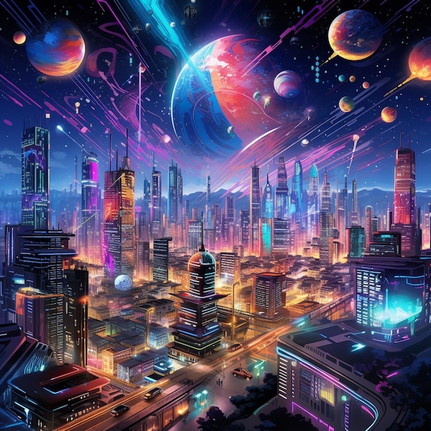 Futuristic Cityscape at Dusk with Neon Lights