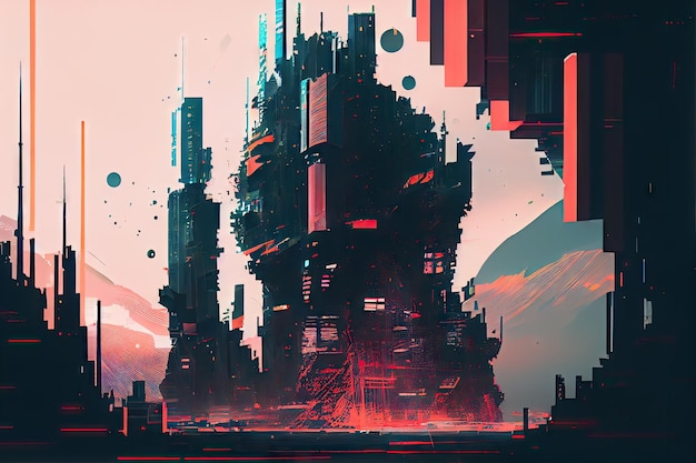 A futuristic cityscape filled with digital glitches and abstract art representing the rise of ai