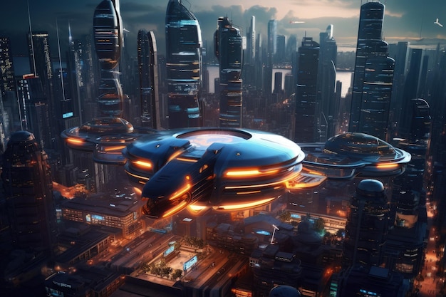 Futuristic Cityscape Flying Vehicles and Advanced Tech