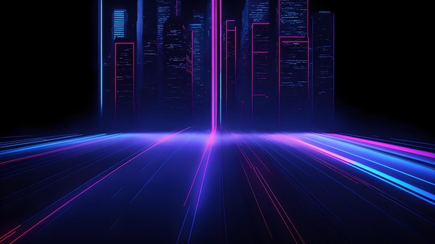 A futuristic cityscape illuminated by neon lights