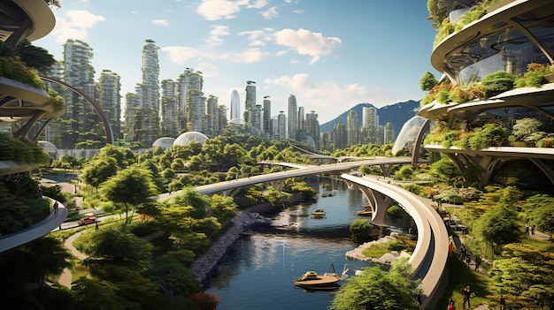 Futuristic Cityscape Illustration of Sustainable Urban Planning