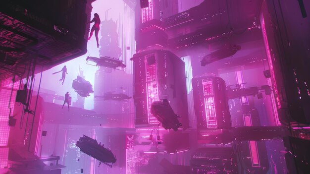 Photo futuristic cityscape in neon lights with floating buildings and silhouettes of people showcasing a vibrant cyberpunk atmosphere