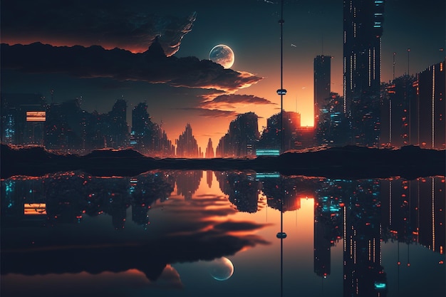 Futuristic cityscape in night time with neon light background