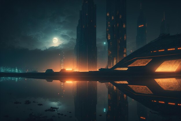 ネオンの光の背景を持つ夜間の未来的な街並み