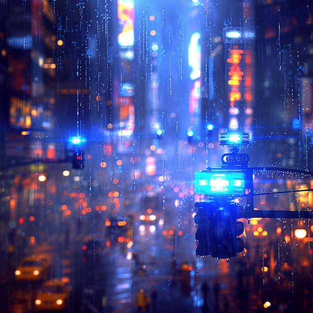 Futuristic cityscape night traffic light rain