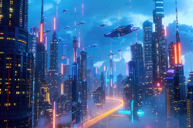 写真 未来の都市景色を3dでレンダリングしネオンライトで照らされた高層ビルと飛ぶ