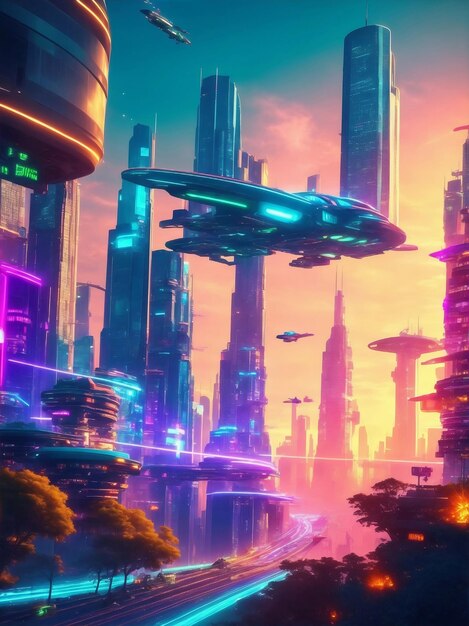 Futuristic cityscape at sunset Generative AI Illustration