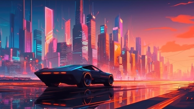 Futuristic cityscape at sunset with cars generative ai