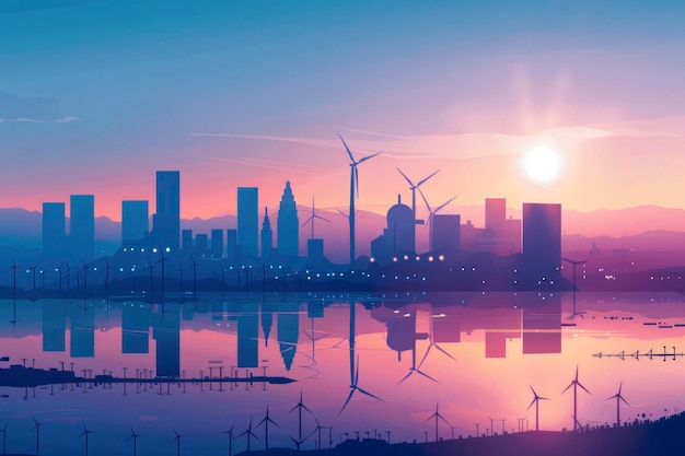 Futuristic cityscape at sunset with renewable energy wind turbines