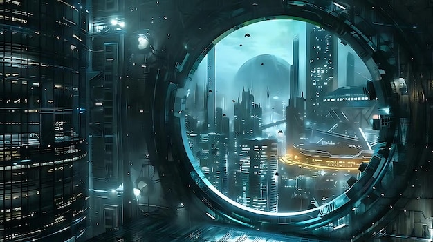 futuristic cityscape through a window