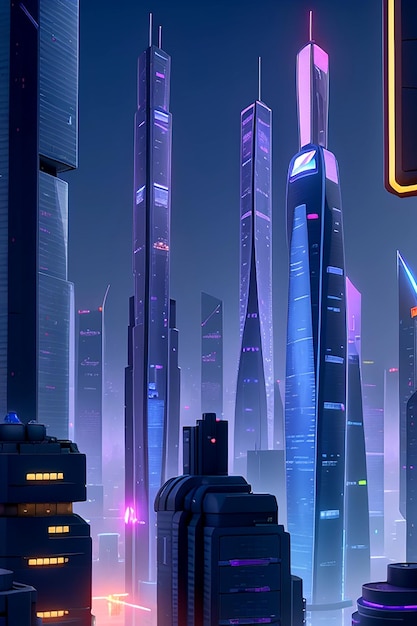 A futuristic cityscape of towering skyscrapers illuminated Aigenerated