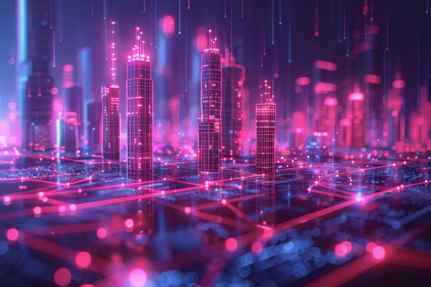 Futuristic cityscape with an abstract background With neon lines connecting the points